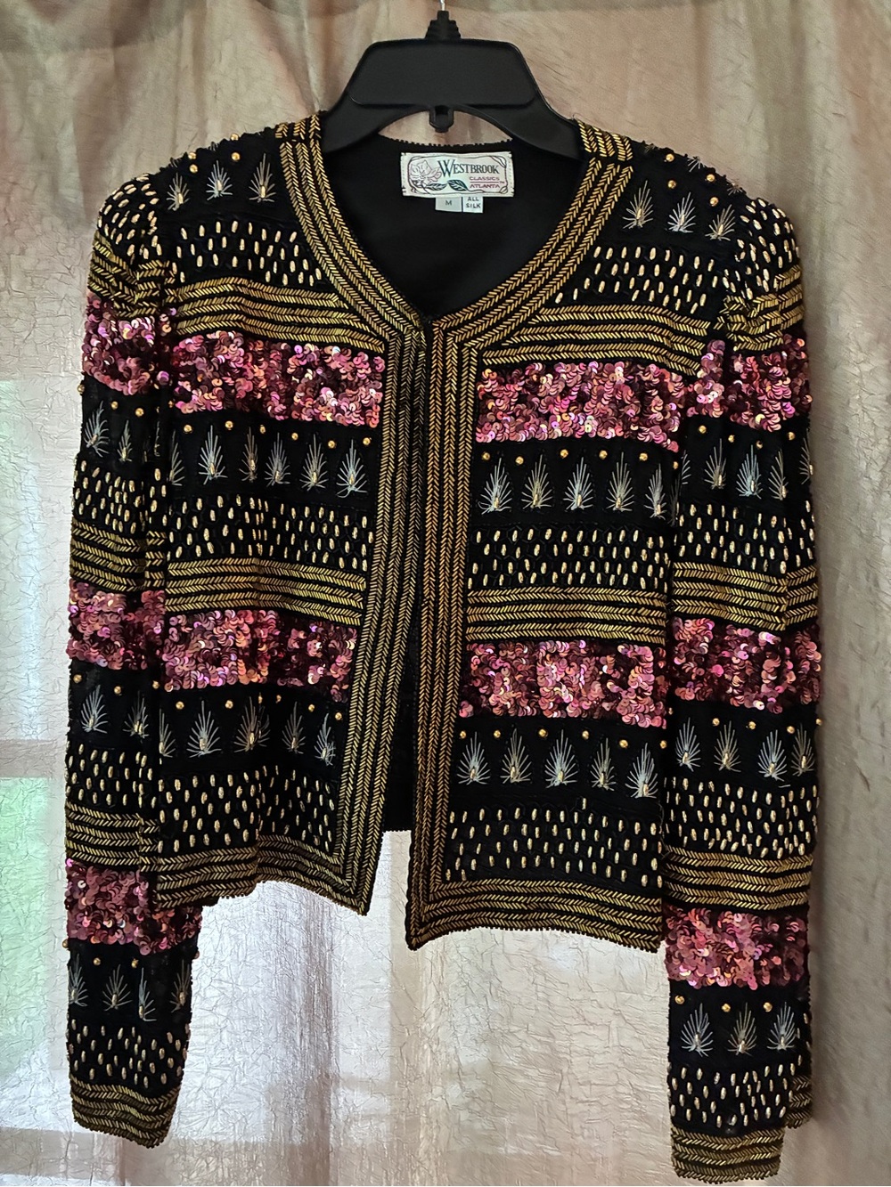Black & Pink Sequin Embellished Open-Front Jacket